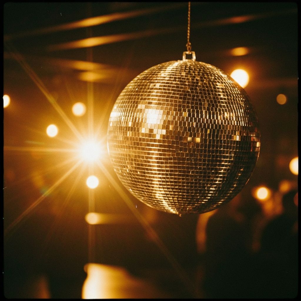 Disco ball detail shot with golden light reflections