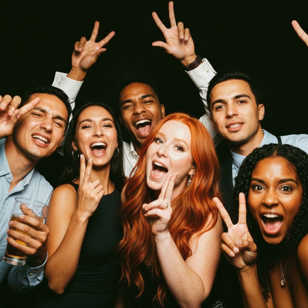 Group of friends posing in a photo booth with expressive faces