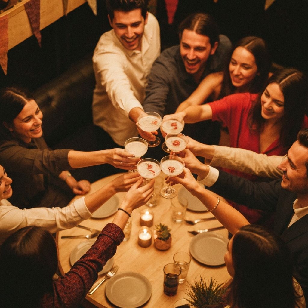 Overhead shot of hands holding cocktail glasses cheersing
